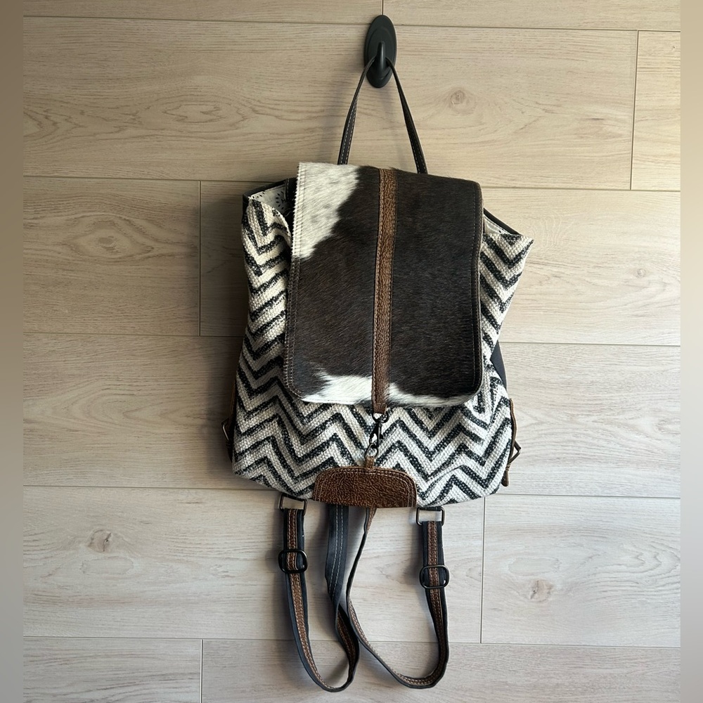 Myra Chevron Brown and White Patterned Backpack with Cowhide Flap.
